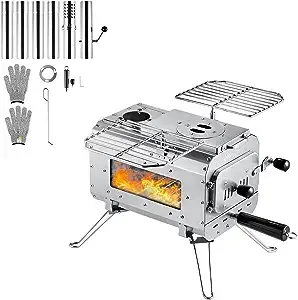 KingCamp Hot Tent Stove, Foldable Camping Stove with Large Firebox, 7.5ft Winter Camping Stove for Tent, Shelter, Cabin Heating, With Chimney Pipes, Heat Resistant Glass & Gloves for Outdoor