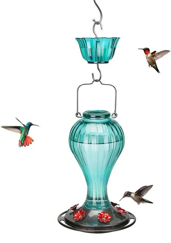 Kingsyard Glass Hummingbird Feeder 24 Ounces, 6 Feeding Ports, Hanging Bird Nectar Feeder for Outdoors Garden Yard Décor, Ant Moat Included, Blue