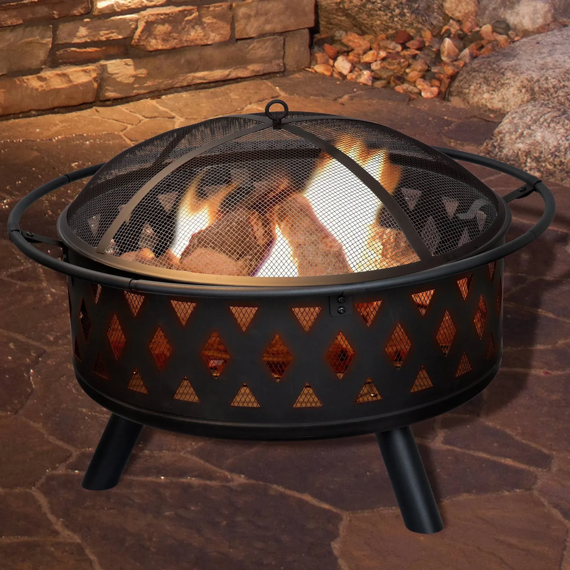 Fire Pit Set, Wood Burning Pit - Includes Screen, Cover and Log Poker - Great for Outdoor and Patio, 32 inch Round Crossweave Firepit by Pure Garden