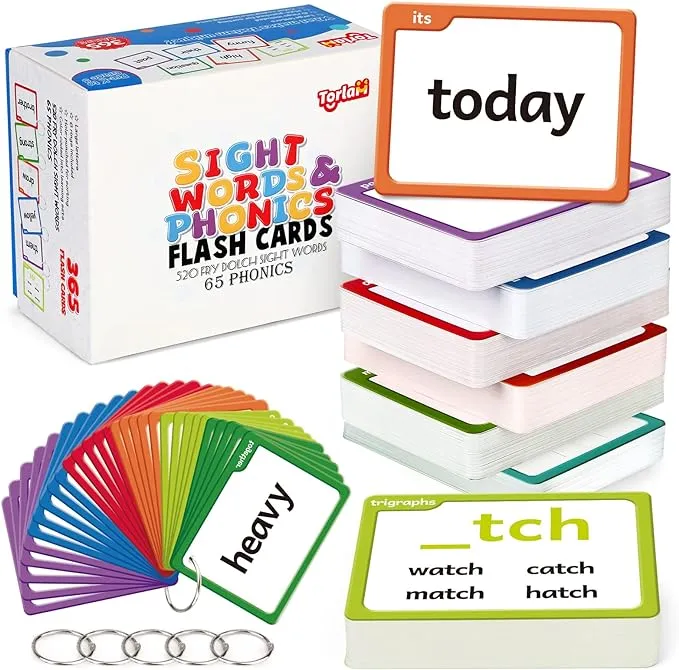 torlam 520 Sight Words Flash Cards Kindergarten Homeschool Supplies with Card Folders & Rings - Dolch Fry High Frequency Site