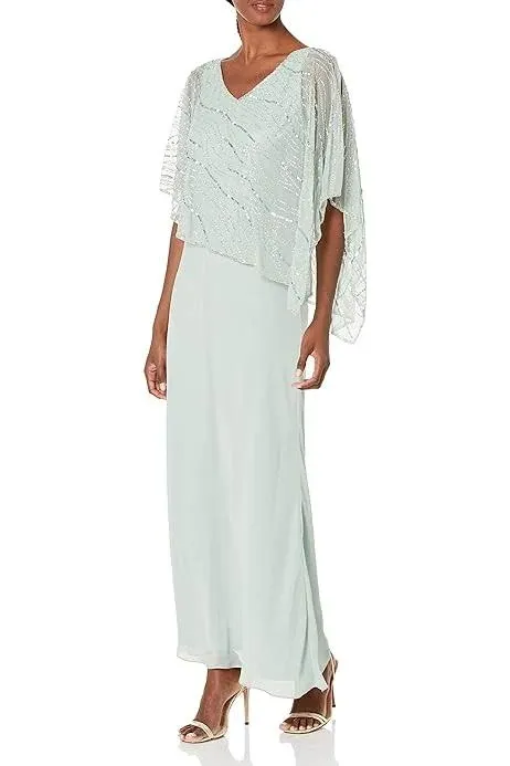 J Kara Women's Petite 3/4 Sleeve with Scallop Beaded Pop Over Gown