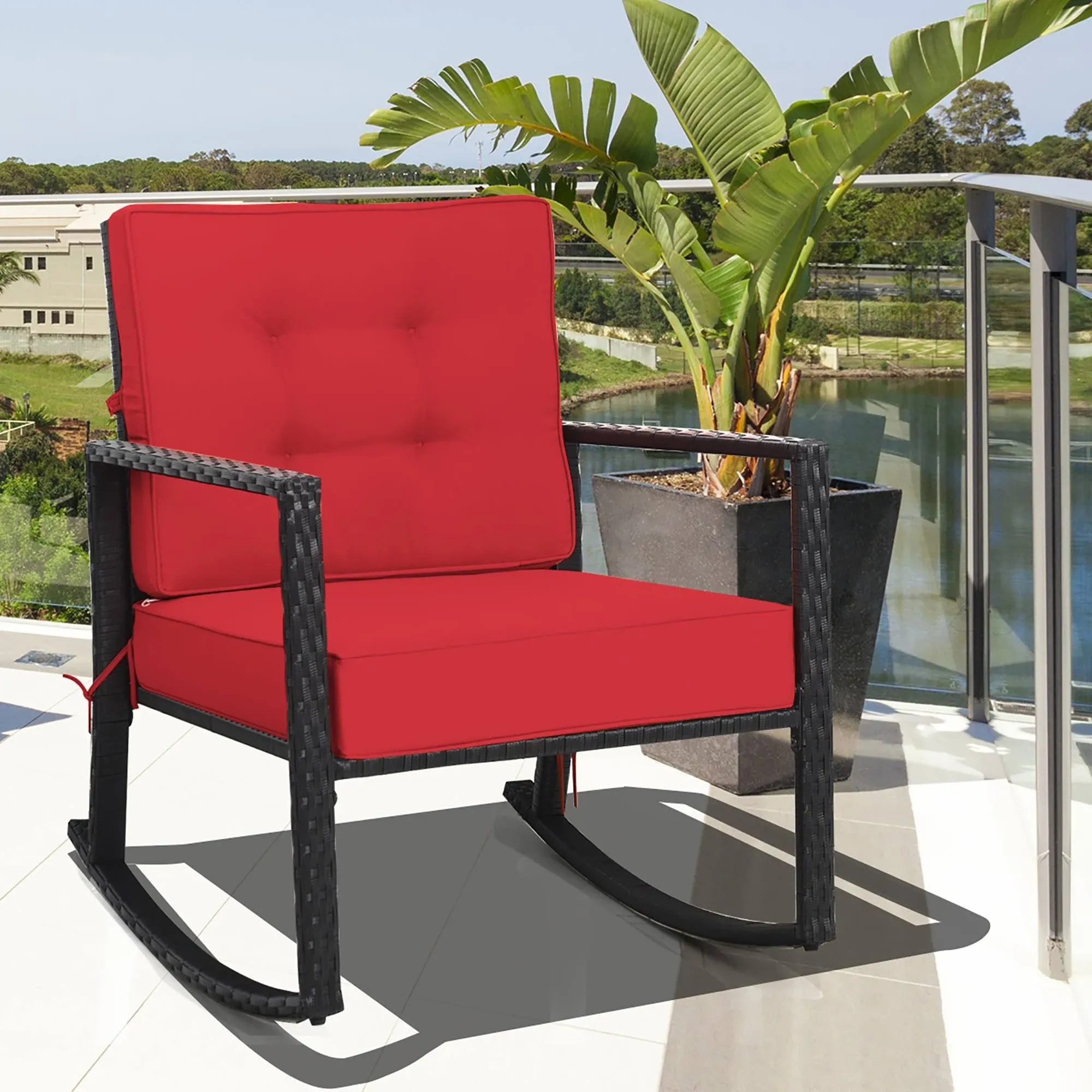 Costway Patio Rattan Rocker Chair Outdoor Glider Rocking Chair Cushion