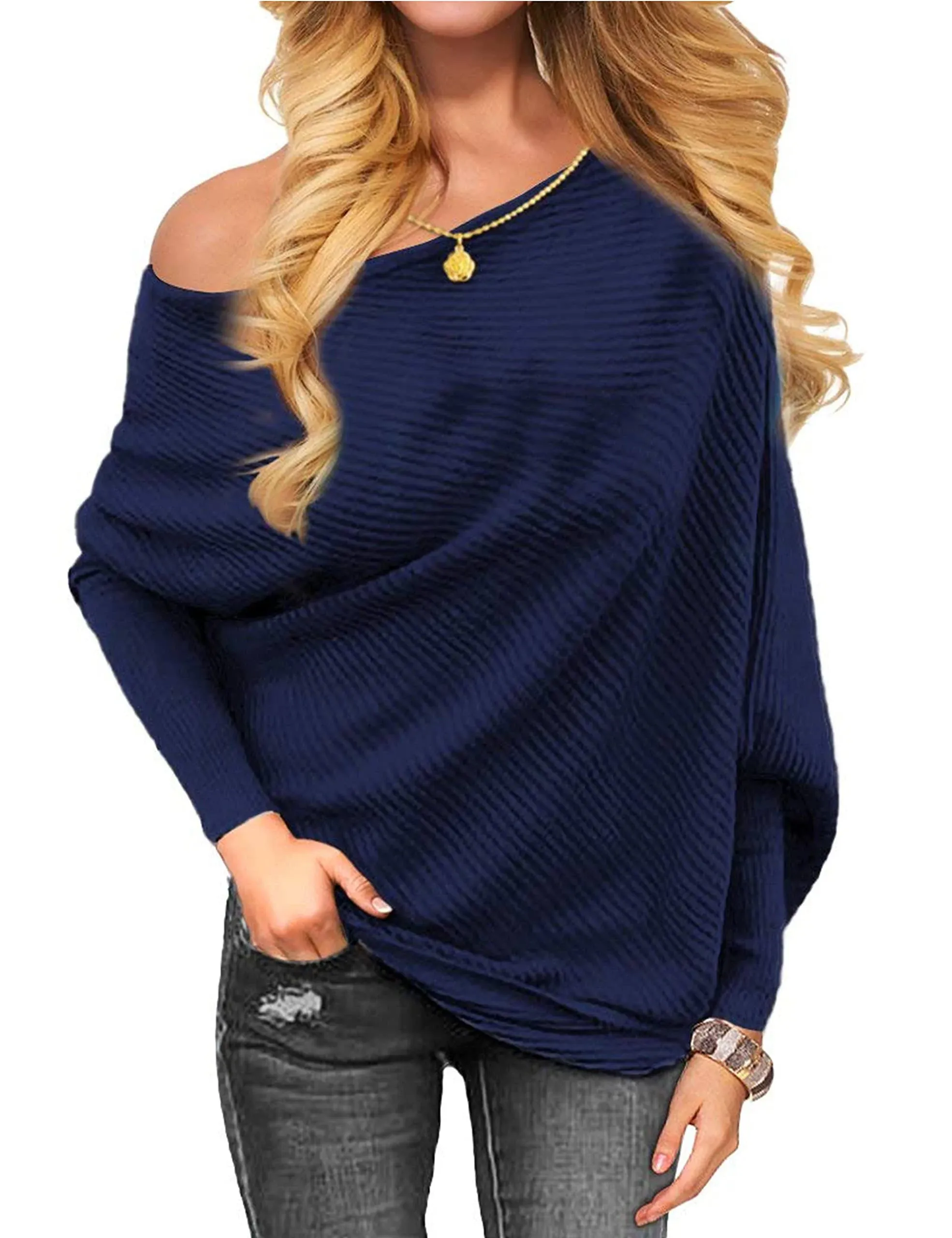 OmicGot Women&#039;s Off The Shoulder Long Sleeve Pullover Knit Jumper Baggy Solid Sw