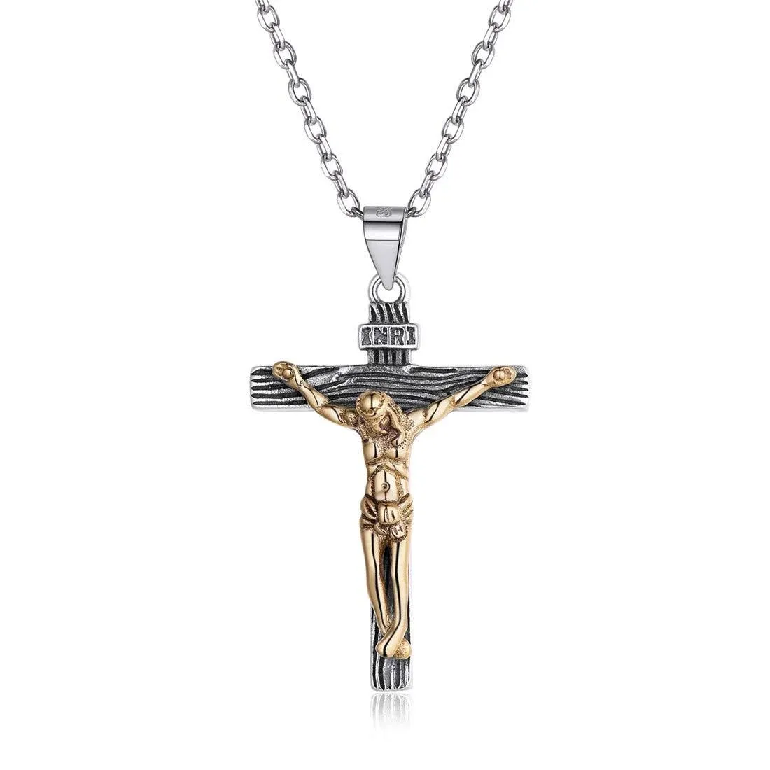 Nofade Silver Men Women Sterling Silver and Brass Jesus Christ Crucifix Cross Pendant with 18 Inches Sterling Silver Chain, Customizable (with Gift Box)