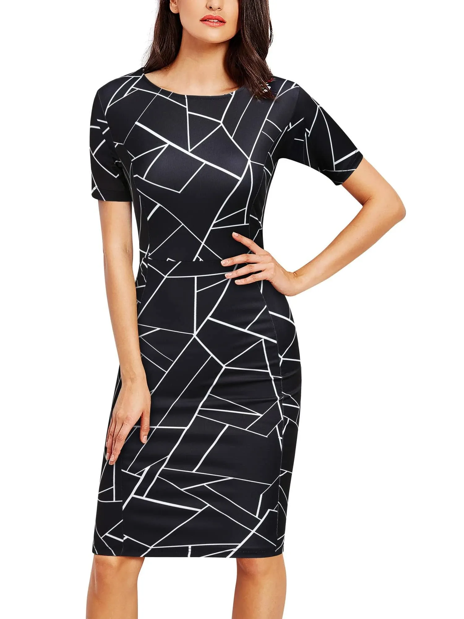 FORTRIC Women Prints Church Business Work Party Elegant Bodycon Floral Dress