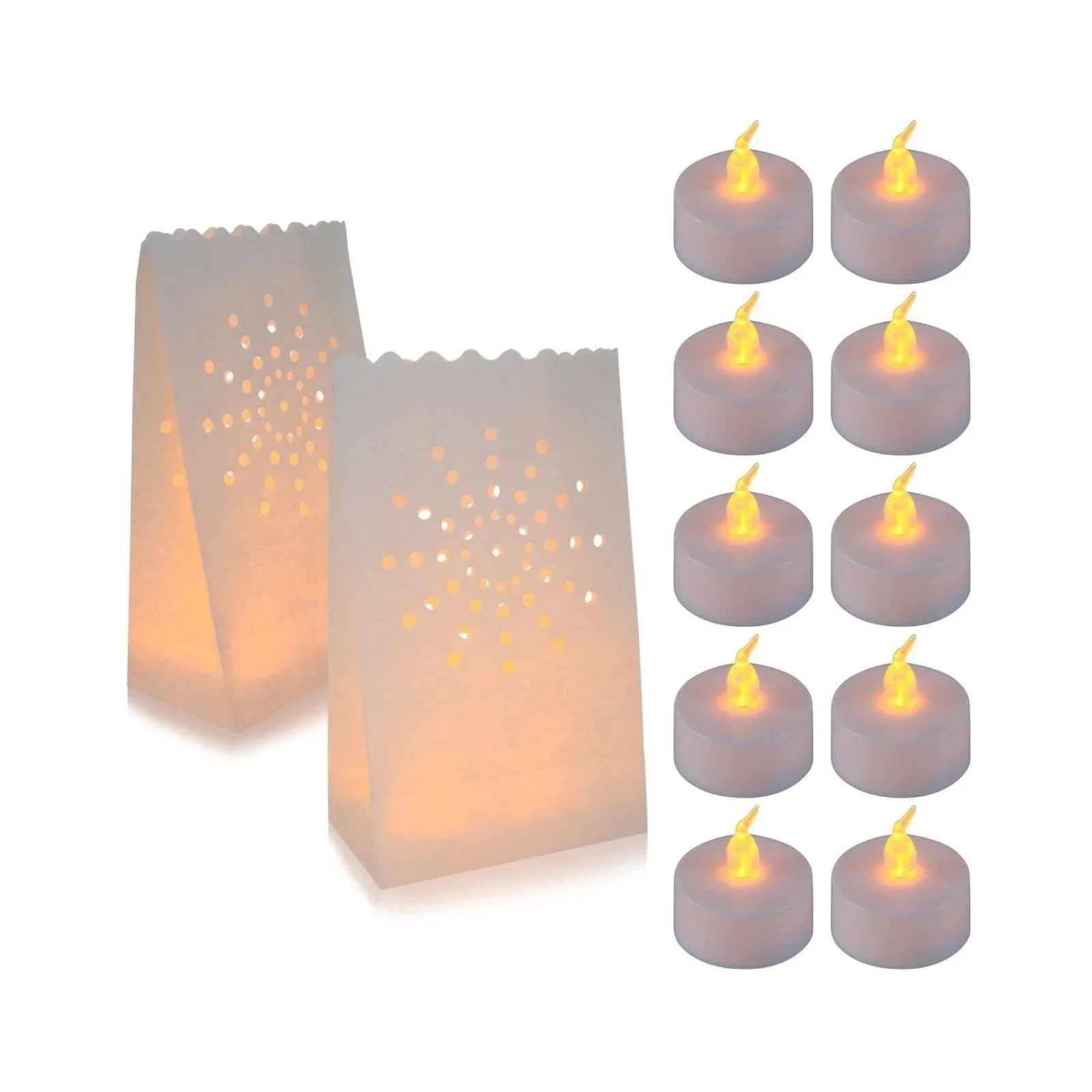 AceList 30 Set Luminaries Bag with Flameless Candles， Flickering LED Tea Lights with Paper Luminary Bags Battery Operation for Wedding Party,Halloween, Thanksgiving, Christmas Decoration（Sun）