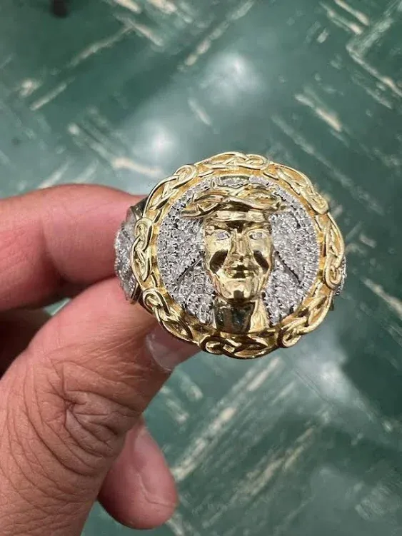 10K Solid Yellow Gold Diamond Jesus Head Face Men's Rings, Religious Faith ...