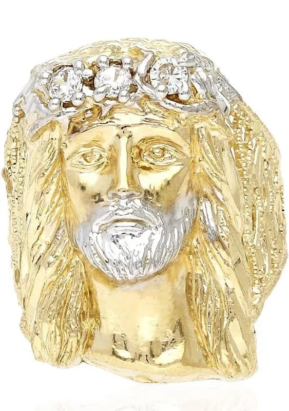 10K Solid Yellow Gold Simulated Diamond Jesus Head Mens Ring - 12