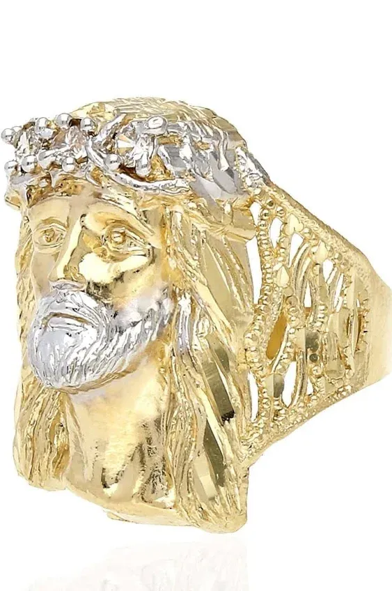 10K Solid Yellow Gold Created Diamond Jesus Head Mens Ring Size 8-12, Adult Unisex