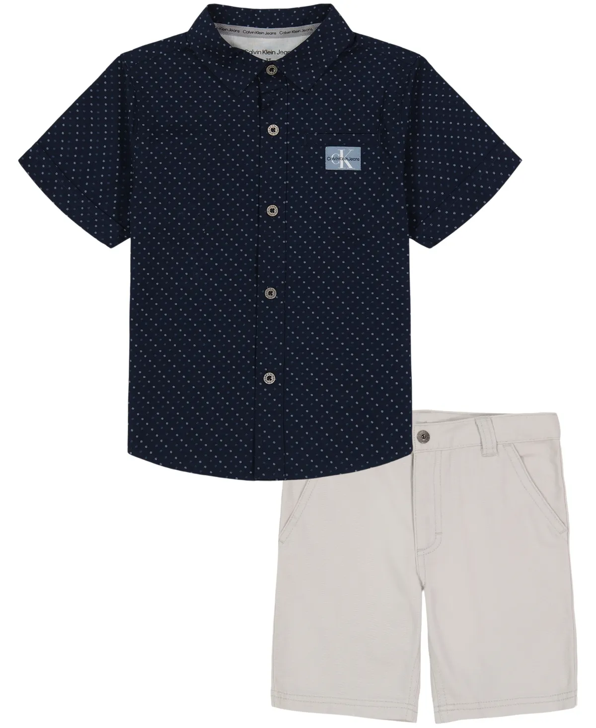 Calvin Klein Toddler Boys Patterned Poplin Button-Front Shirt and Twill Shorts, 2 Piece Set - Navy