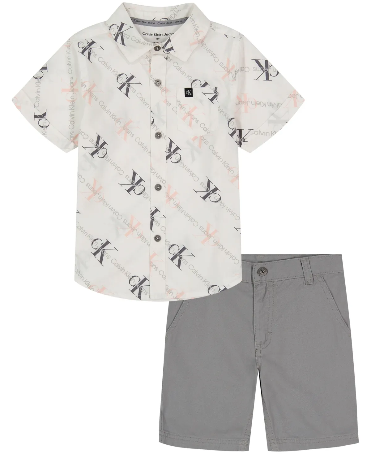 Calvin Klein Toddler Boys Monogram Print Button-Front Shirt and Twill Shorts, 2 Piece Set - White