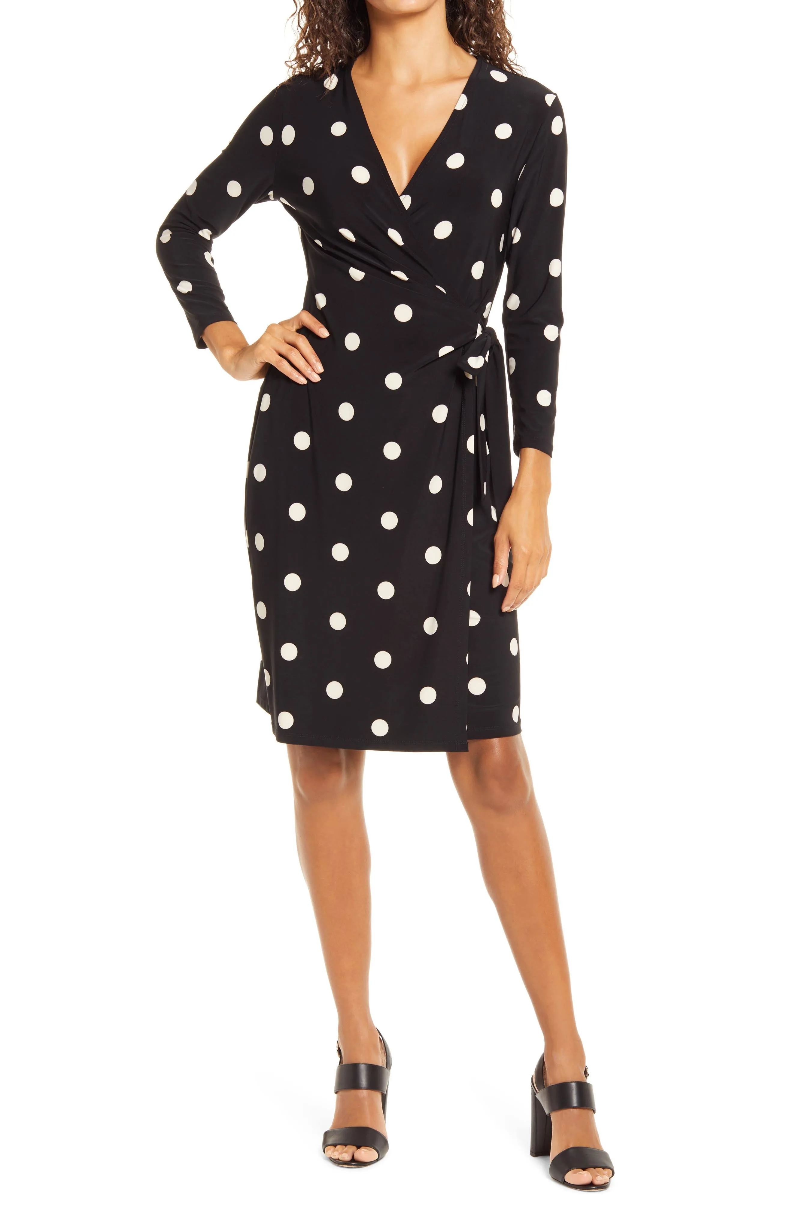 Anne Klein Faux-Wrap Dress - Anne Black/White Dot Print - Size L