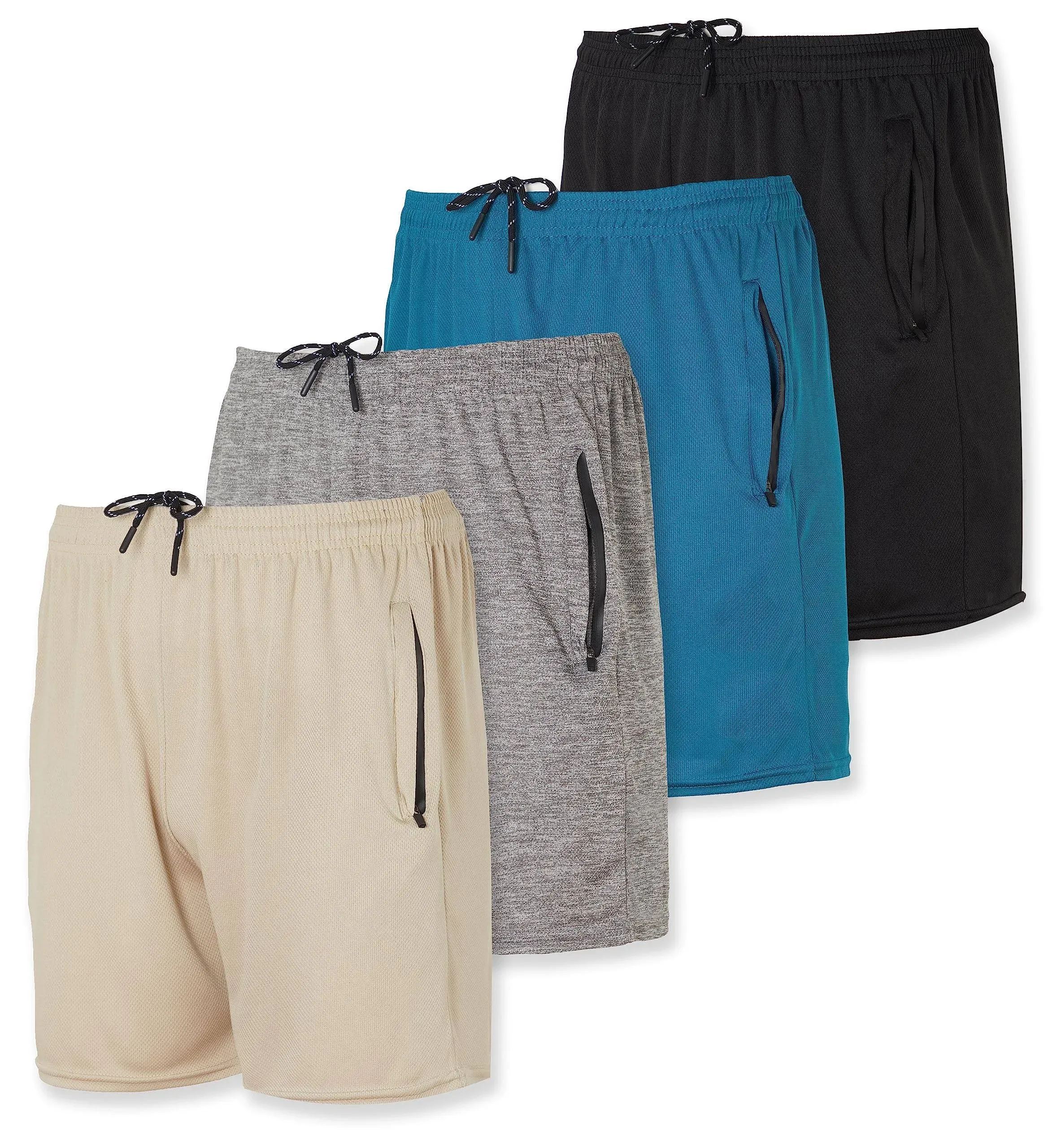 Real Essentials 4 Pack: Men's 5" Mesh Quick-Dry Running Shorts with Zipper Pockets & Drawstring (Available in Big & Tall)