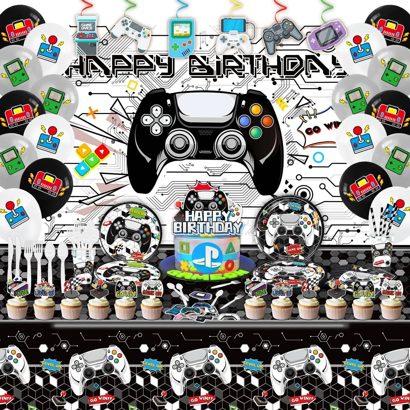 Video Game Party Supplies,181 Video Gamer Birthday Party Decorations Includes Tableware, Dinner Plates, Cups, Napkins, Table Cover, backdrop,balloon.Gamer Birthday Party for Boys.