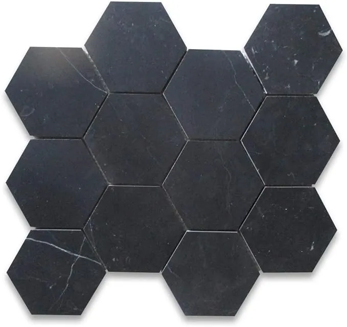 Stone Center Online Nero Marquina Black Marble 4 inch Hexagon Mosaic Tile Honed Kitchen Bath Wall Floor Backsplash Shower (1 Sheet)