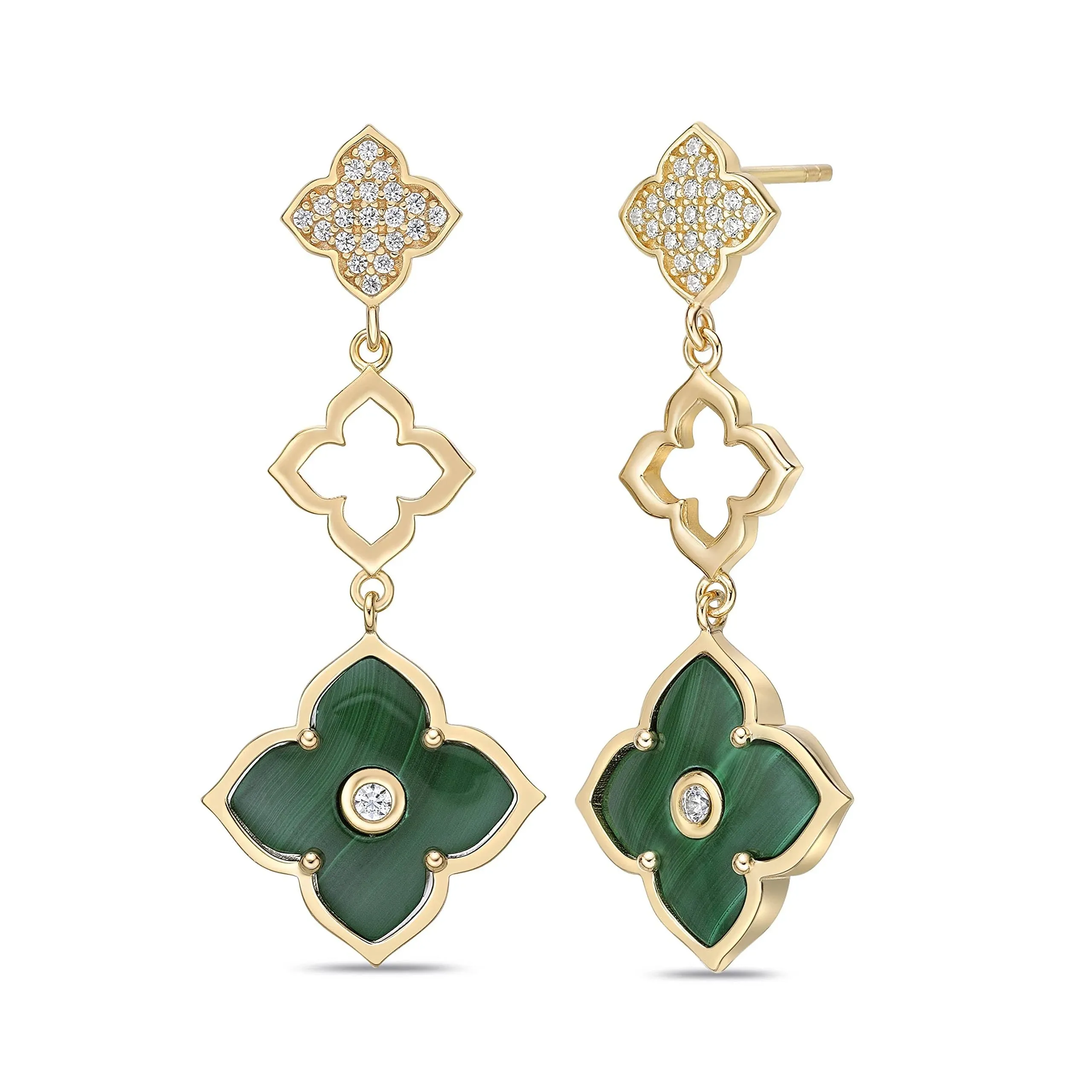 Malachite Three Flower Drop Dangle Earrings for Women with Cubic Zirconia in 925 ...