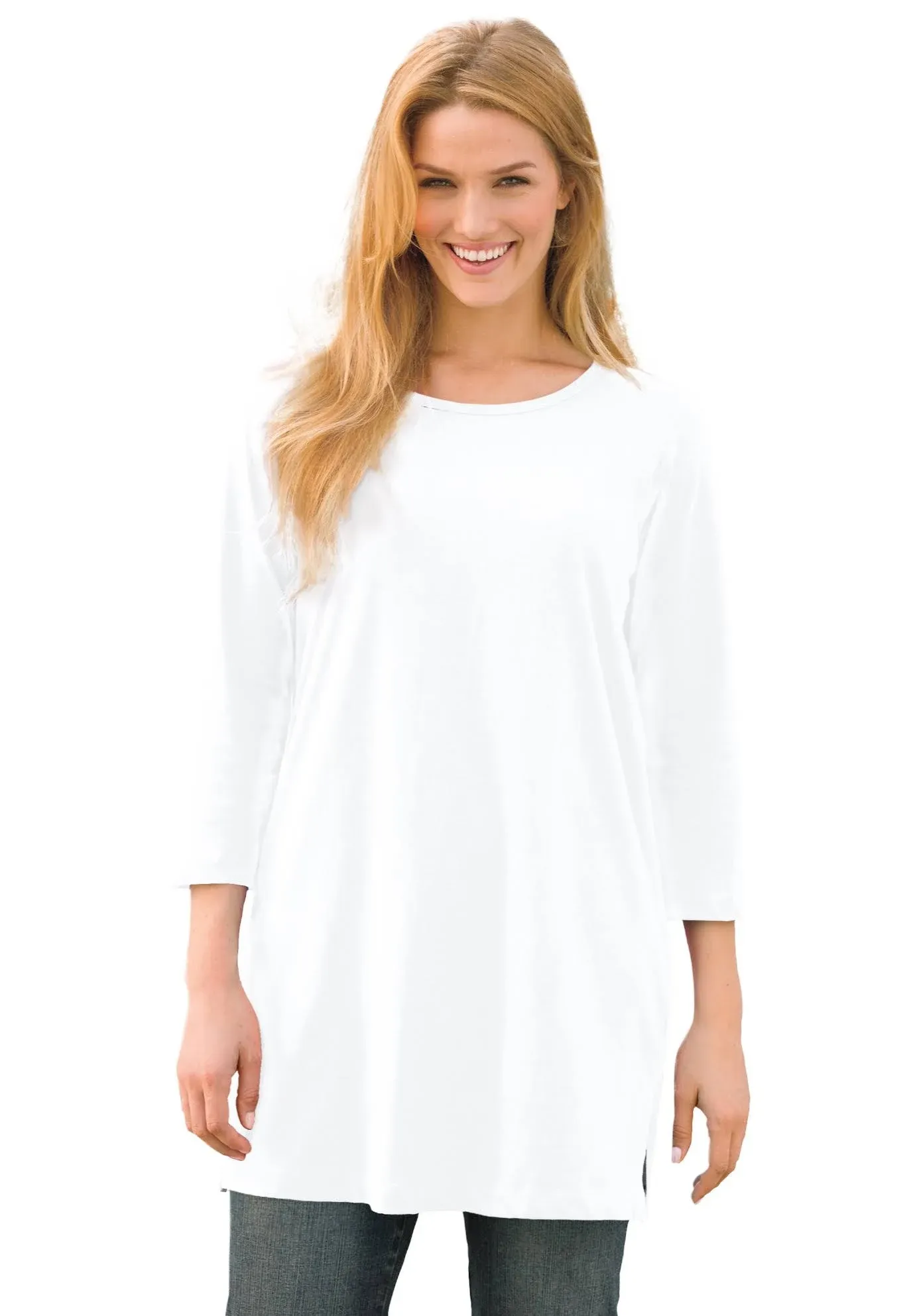 Plus Size Women's Perfect Three-Quarter-Sleeve Scoopneck Tunic by Woman Within in White (Size M)