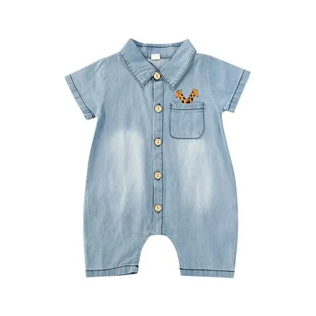 Canrulo Newborn Infant Baby Boy Girl Summer Clothes Denim Short Sleeve Romper Giraffe Jumpsuit Bodysuit Outfits Blue 0-6 Months