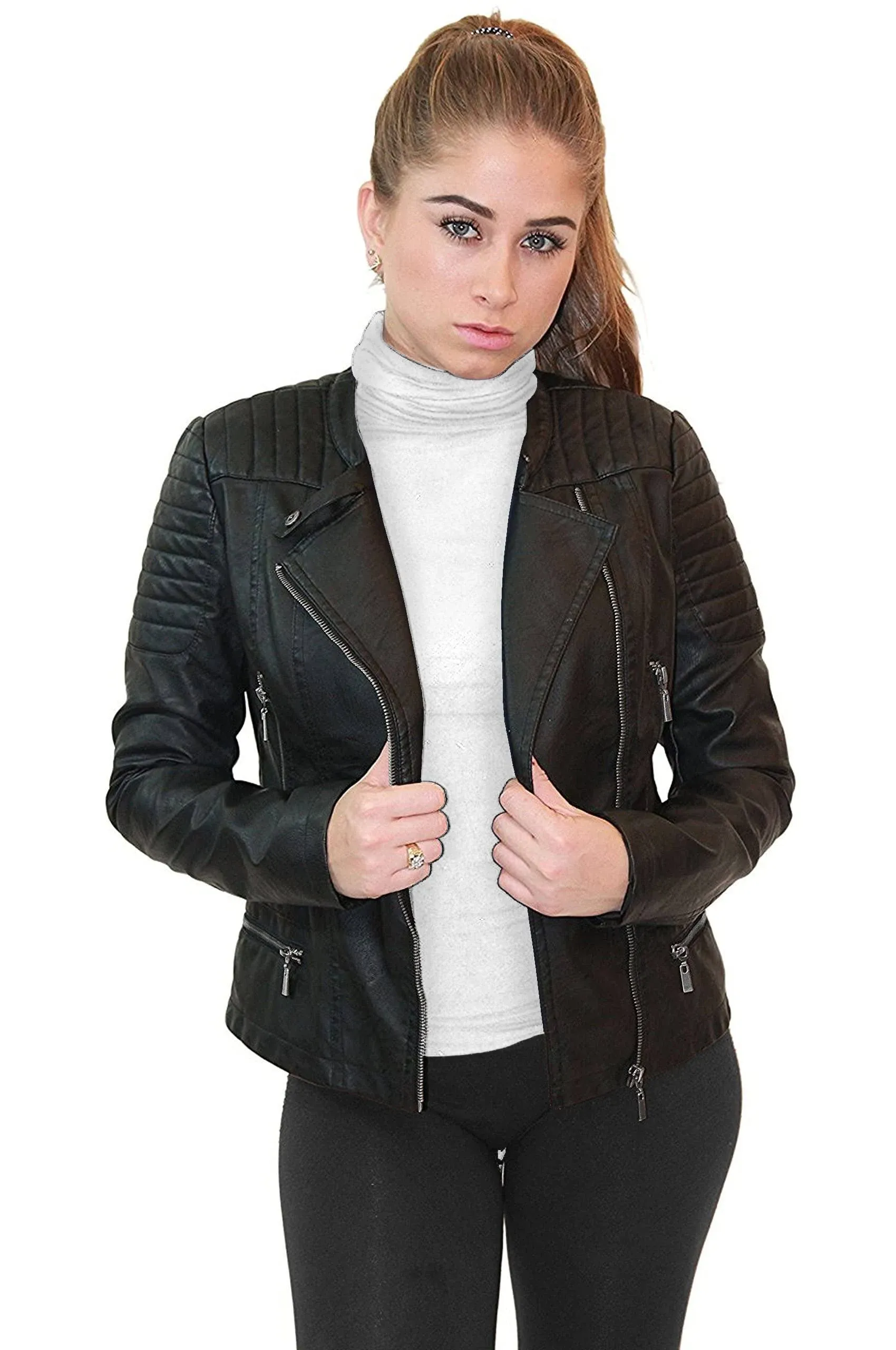 Olivia Miller Womens Plus Size Faux Leather Zip Biker Jacket