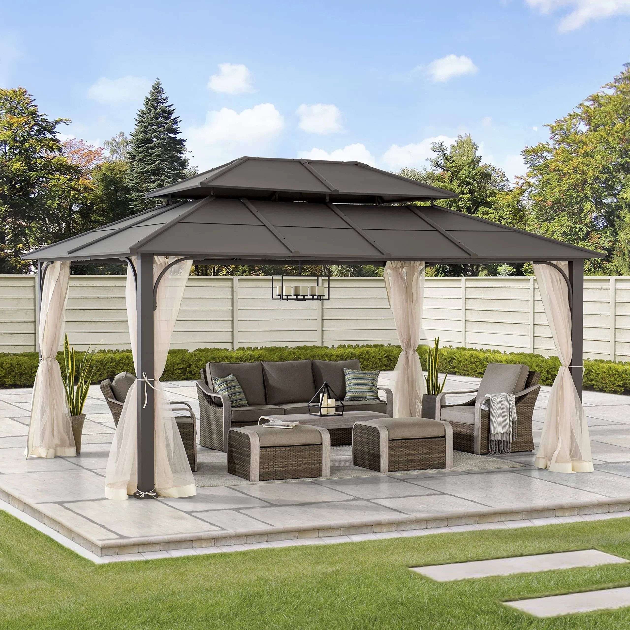 Sunjoy Hardtop Gazebo 12 x 16 ft. Outdoor Gazebo, Heavy Duty Steel Frame Gazebo, Double Tiered Metal Gazebo with Ceiling Hook and Removable Netting Sidewalls, Brown