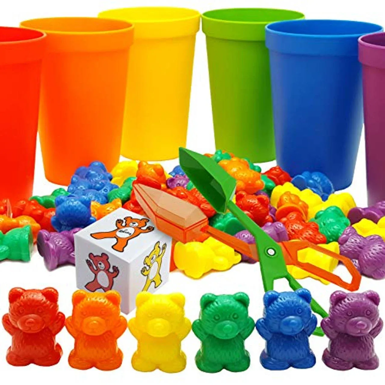 Skoolzy Rainbow Counting Bears with Matching Sorting Cups 68 Piece Set - Toddler Learning Toys Number Sorting Counting Color Recognition for Kids Age 3+ Includes Montessori Tongs 2 Skoolzy Bags eBook