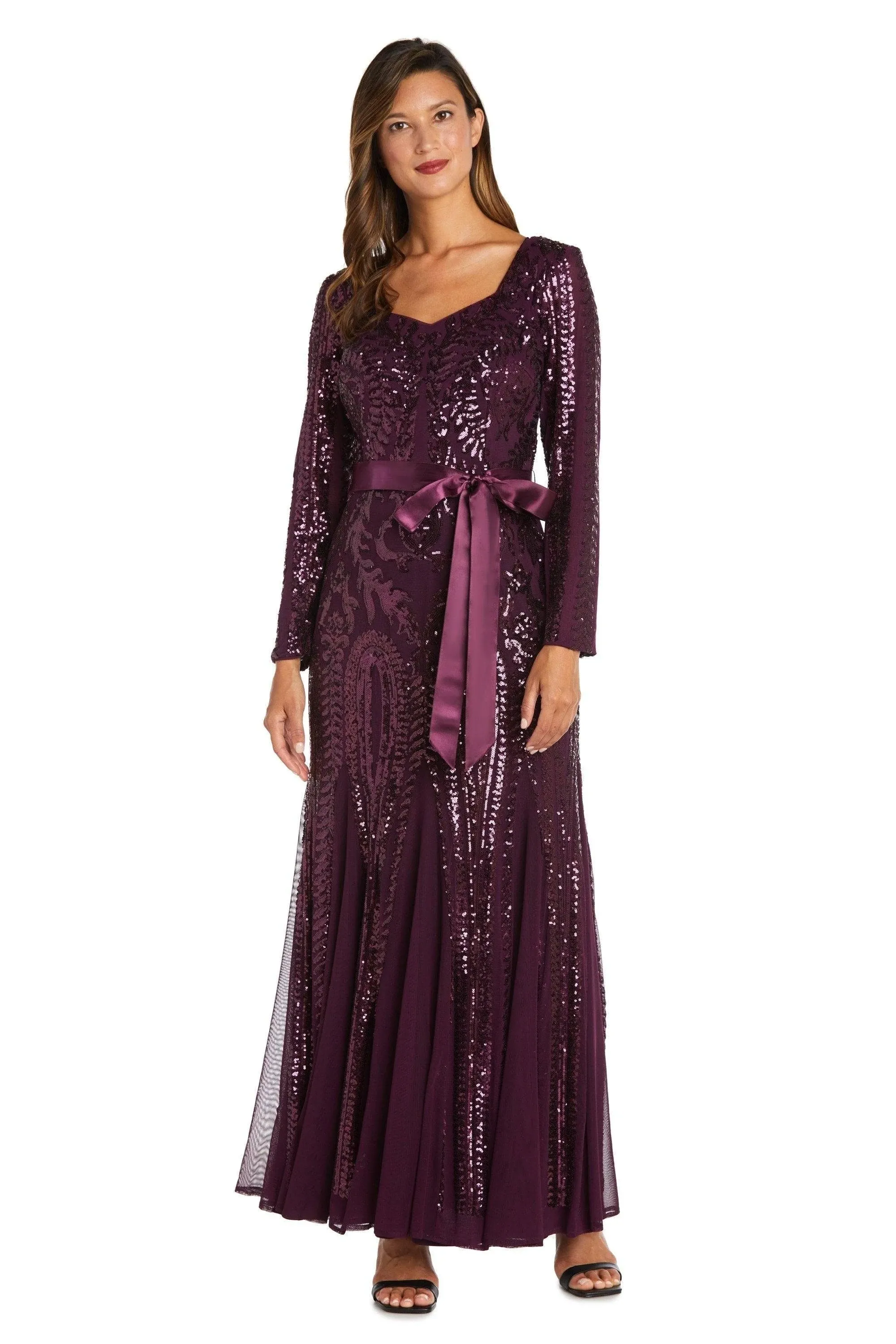 R&amp;M Richards Women&#039;s Long Sleeved Sequin-Embelli<wbr/>shed Gown with Belt