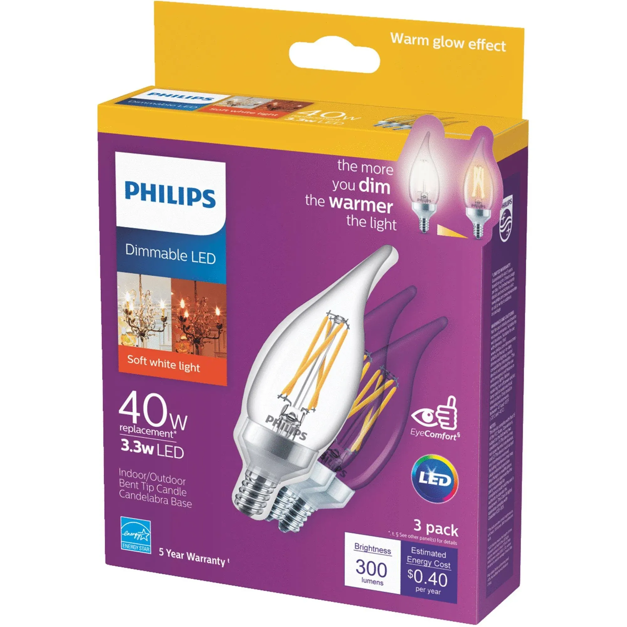 Philips Vintage LED 40-Watt BA11 Filament Candle Light Bulb  Clear Soft White Warm Glow  Dimmable  E12 Base (3-Pack)