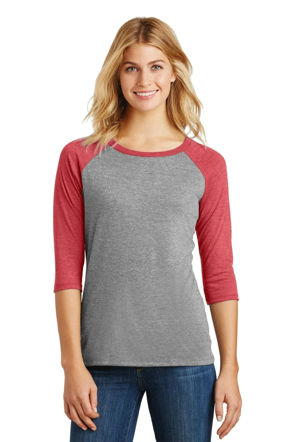 District Made DM136L Women Perfect Tri 3/4-Sleeve Raglan Red Frost/ Grey Frost 3XL