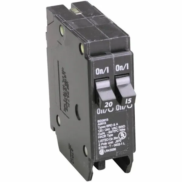 Eaton Cutler-Hammer BD2015 Type BR Duplex Twin 2 Pole 20A /15A Circuit Breaker Rejection Type