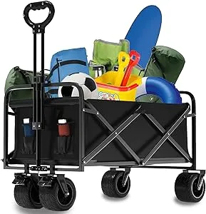 Collapsible Wagon Folding Cart with 400lbs Large Capacity, Foldable Heavy Duty Beach Wagon with 360°Swivel Big Front Brakes Wheels for All Terrain, Utility Wagon for Grocery Garden Fishing