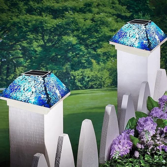 2PK Mosaic Solar Post Cap Lights Outdoor for 4x4, 3.5x3.5 Post Cyan Blue