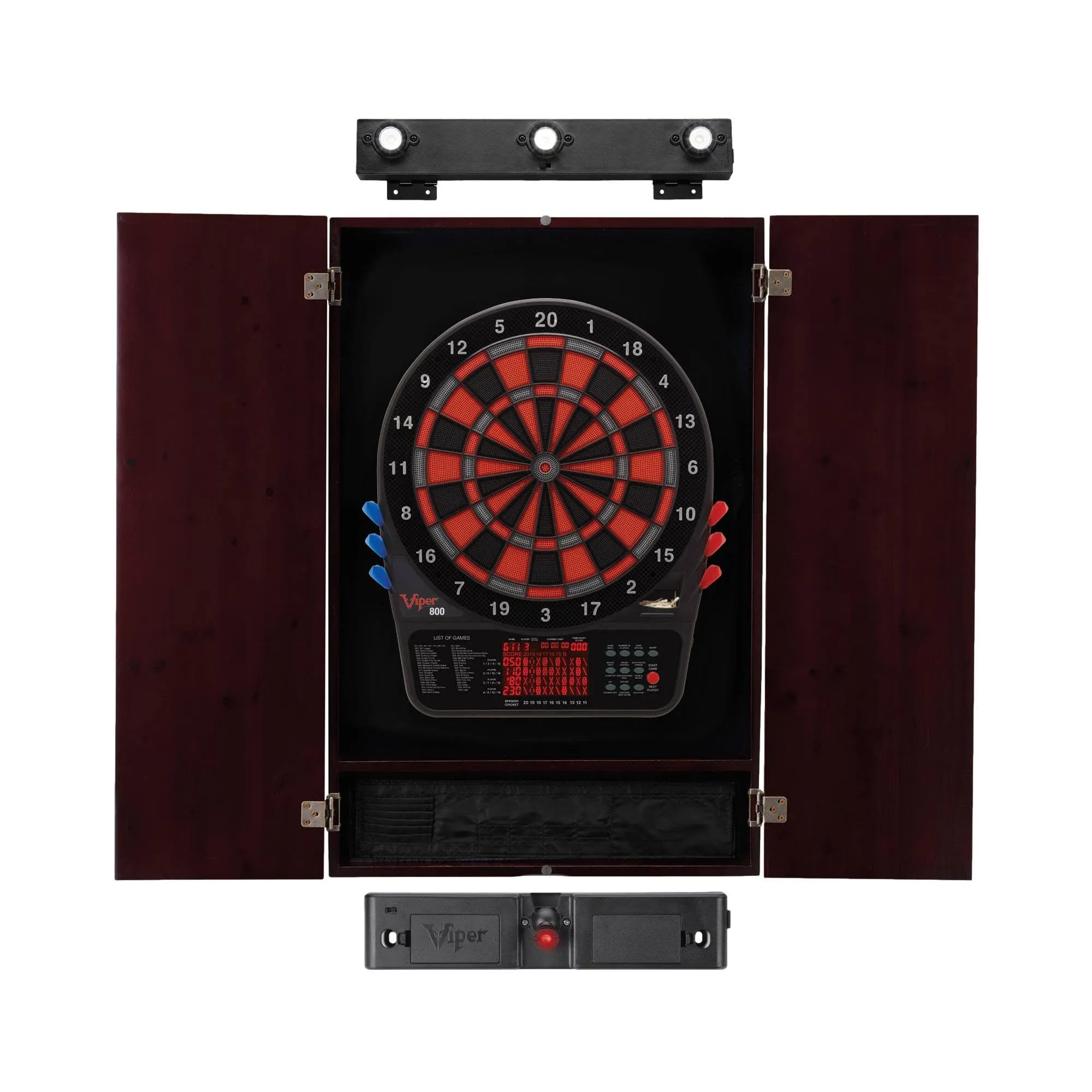 Viper 800 Electronic Dartboard, Metropolitan Mahogany Cabinet, Throw Line Light & Shadow Buster Dartboard Light Bundle