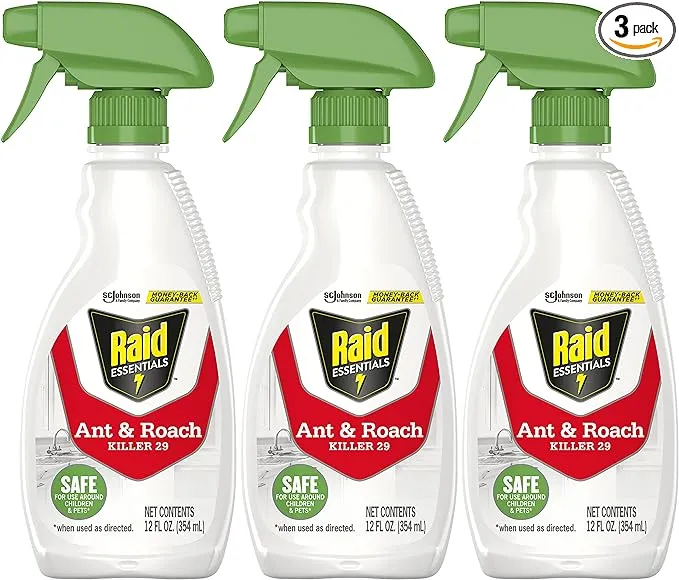 Raid Essentials Ant & Roach Killer Spray Bottle, Child & Pet Safe, Kills Insects Quickly, for Indoor Use, 12 Fl Oz (Pack of 3)