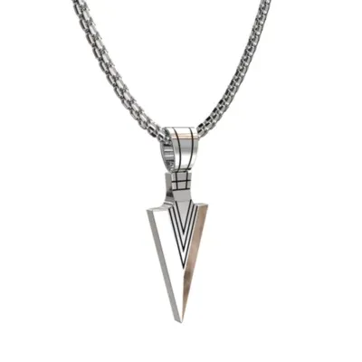 Ice City Stainless Steel Spear Point Arrowhead Pendant Necklace For Men, Silver