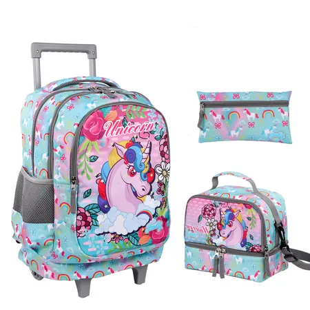 Seastig Foldable Rolling Backpack for Kids Wheeled Backpack Double Handle Backpack Wheeled Suitcase with Lunch Bag and Pencil Case