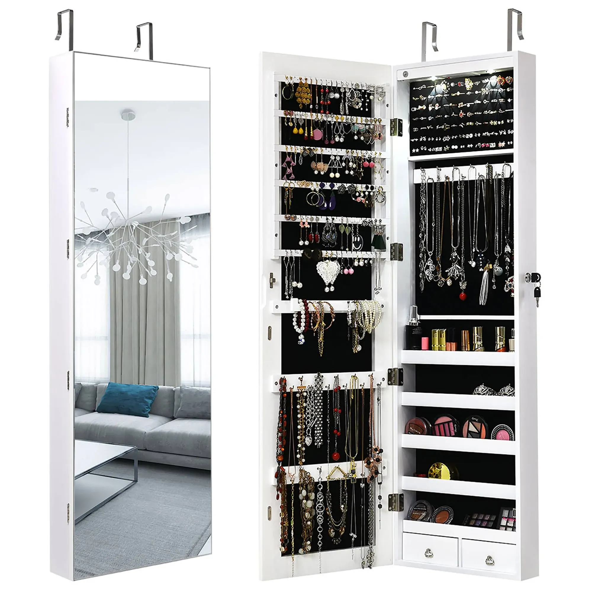 Costway MDF Board Wall/Door Mounted Full-length Mirror Jewelry Cabinet in White