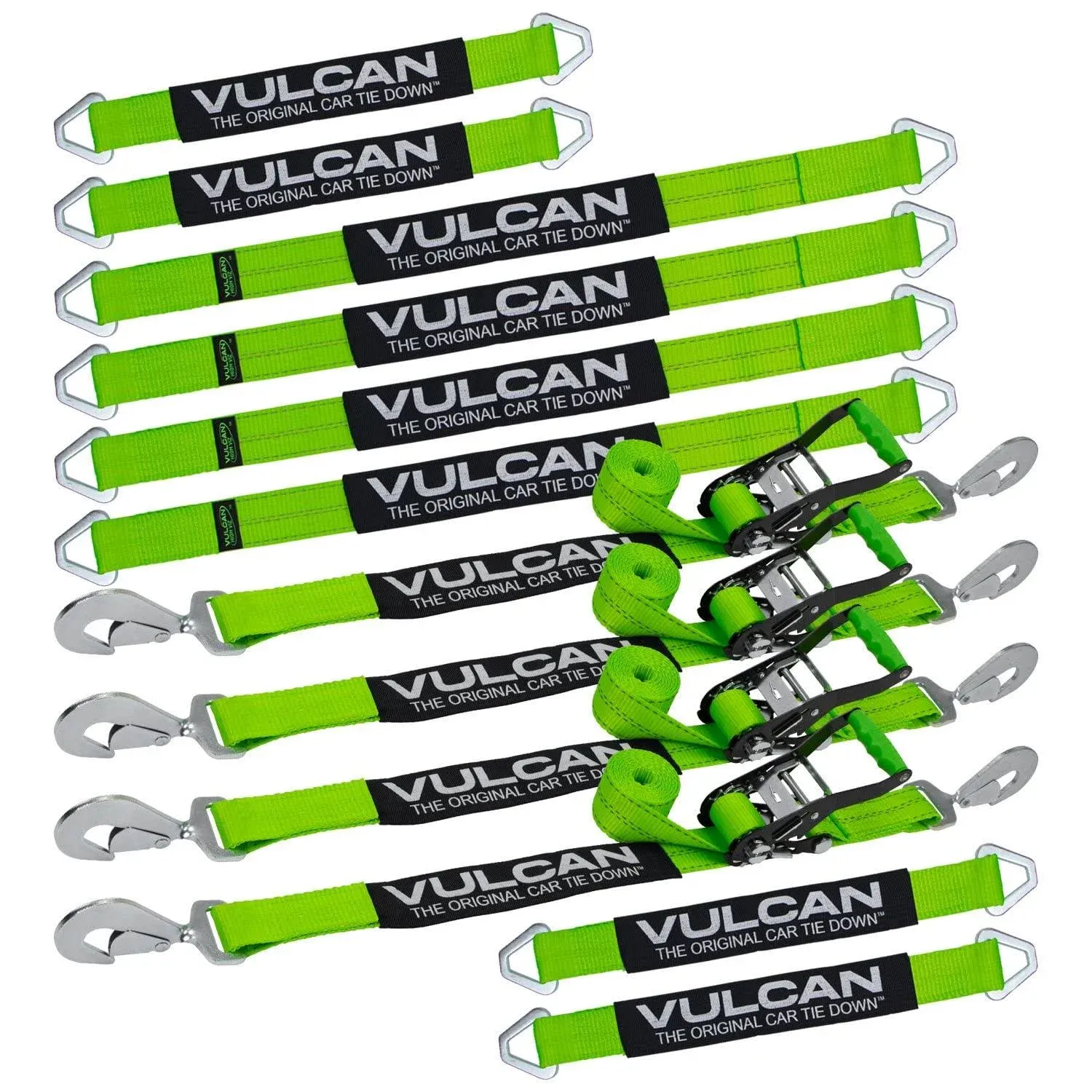 "VULCAN Complete Axle Strap Tie Down Kit with Snap Hook Ratchet Straps - High-Viz - Includes (4) 22 Inch Axle Straps, (4) 36 Inch Axle Straps, and (4) 8' Snap Hook Ratchet Straps"