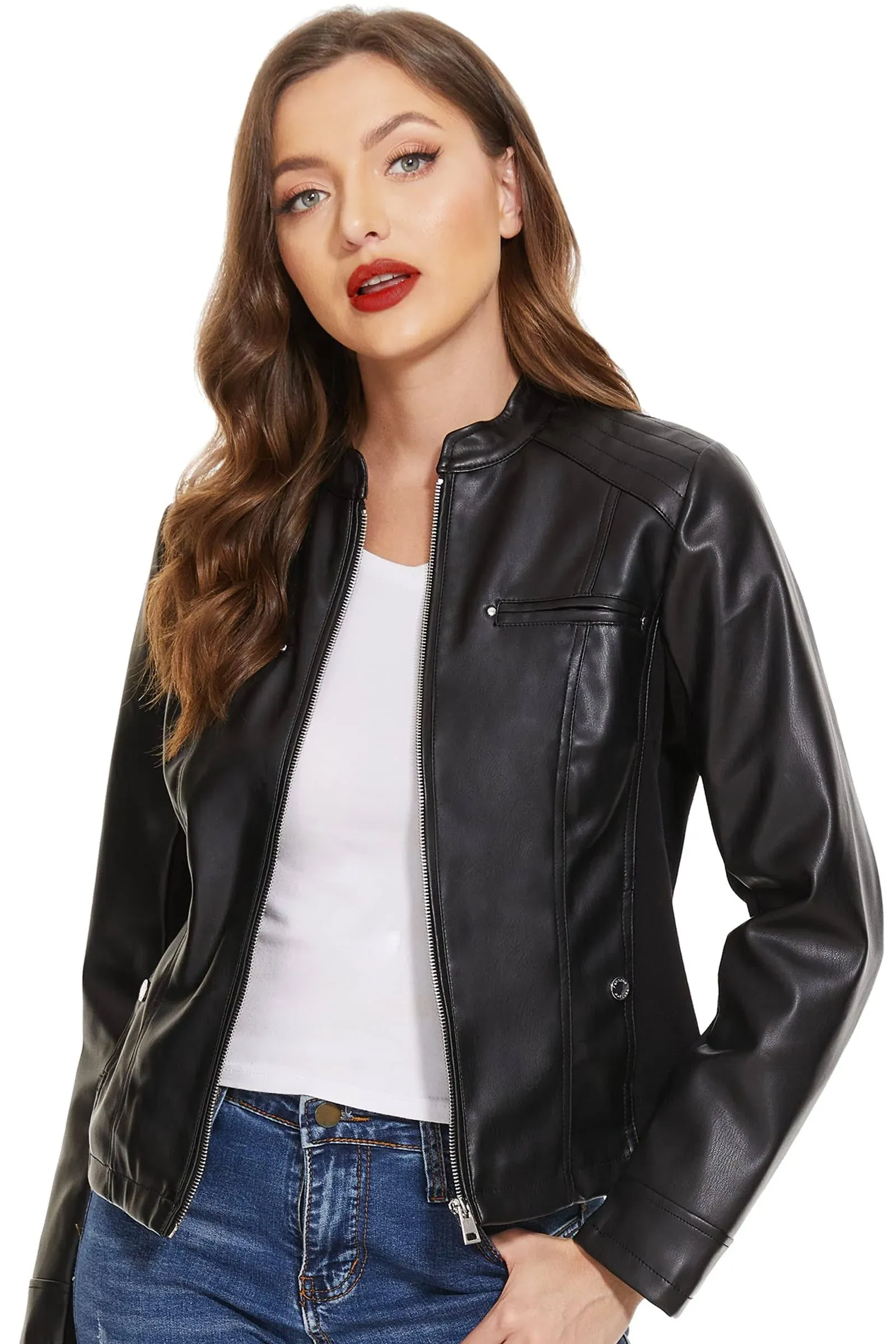 Fahsyee Zip Leather Jackets for Women Motorcycle Faux PU Moto Biker Outwear Coat