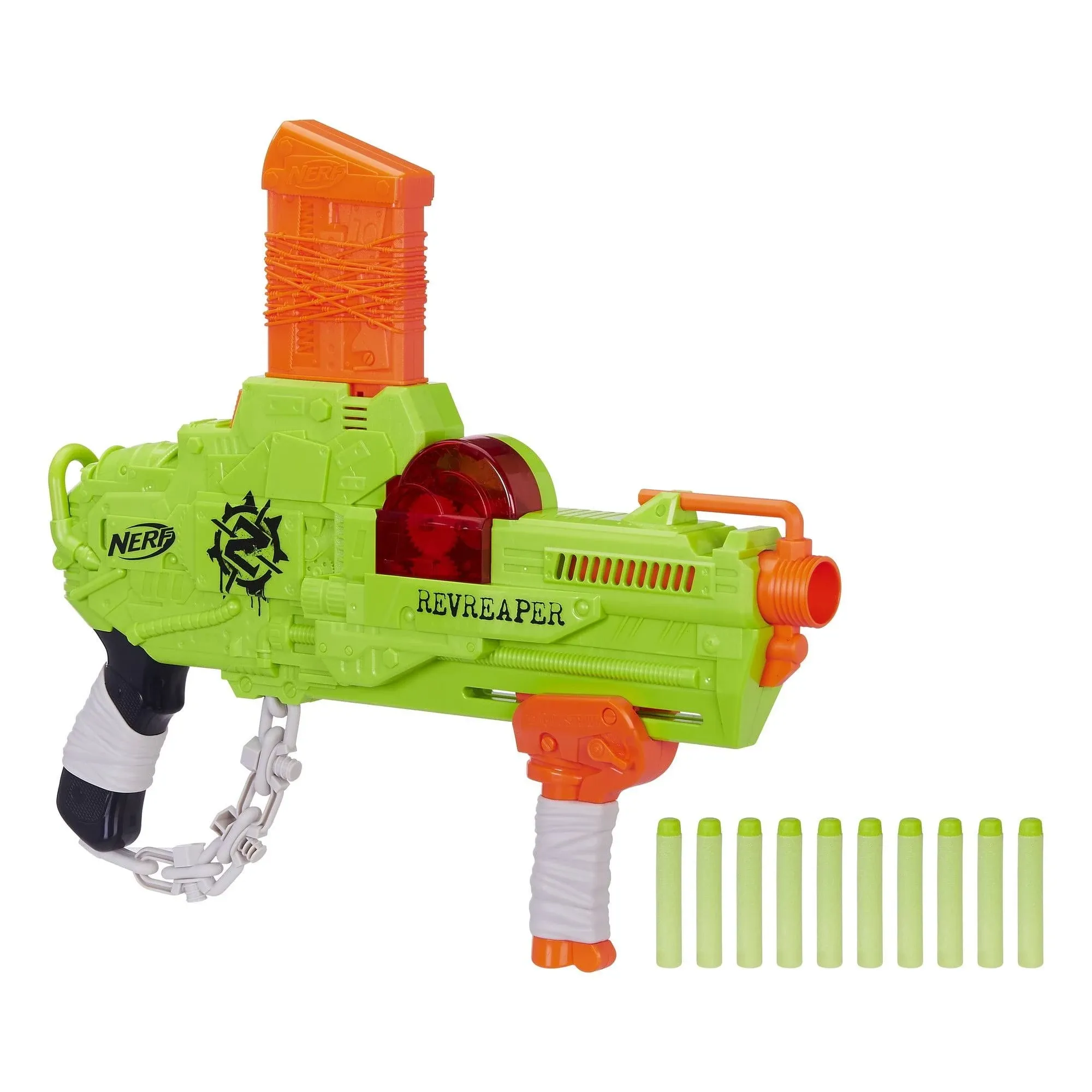 NERF Zombie Strike REVREAPER Blaster Dart Gun w/ Top Clip, Rev-Fire and 10 Darts