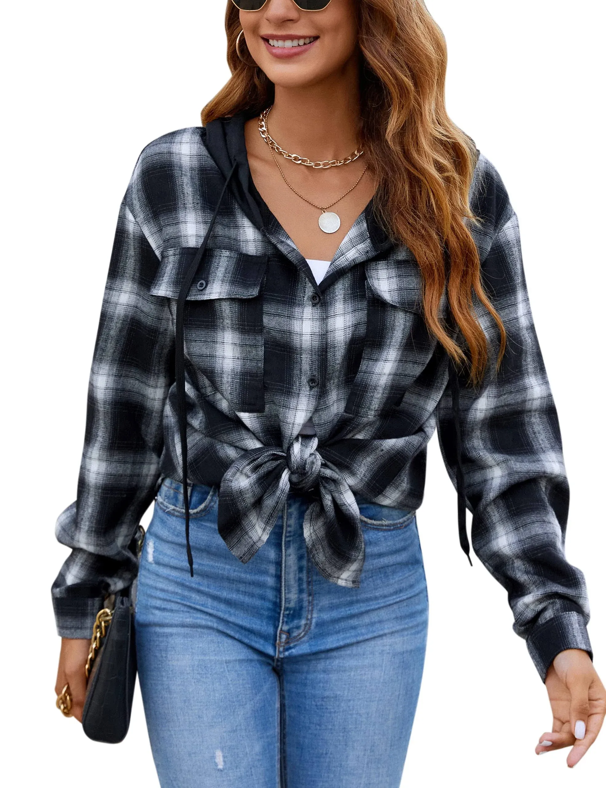 Blooming Jelly Women&#039;s Flannel Shirts Plaid Shacket Oversized Button Down Shirt 