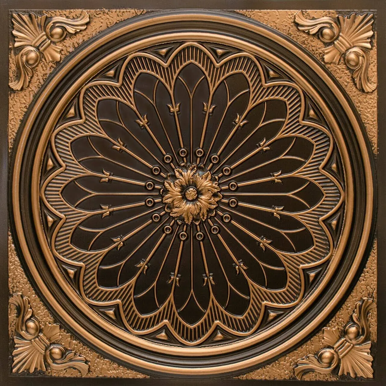 238 Rose Window PVC 2' x 2' Lay-in or Glue-up Ceiling Tile, Pack of 10, Antique Gold, 10 Piece