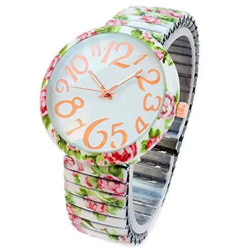 White Roses Floral Print Large Face Easy to Read Stretch Band Women&#039;s Watch