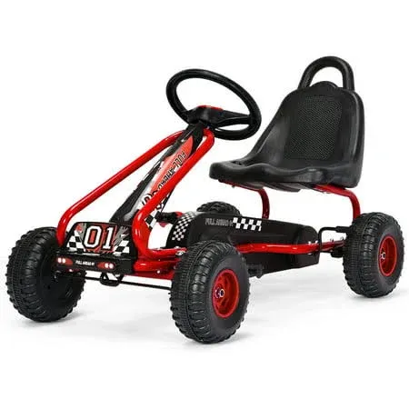 Kids Pedal Go Kart 4 Wheel Ride On Toys w/ Adjustable Seat &amp; Handbrake Red