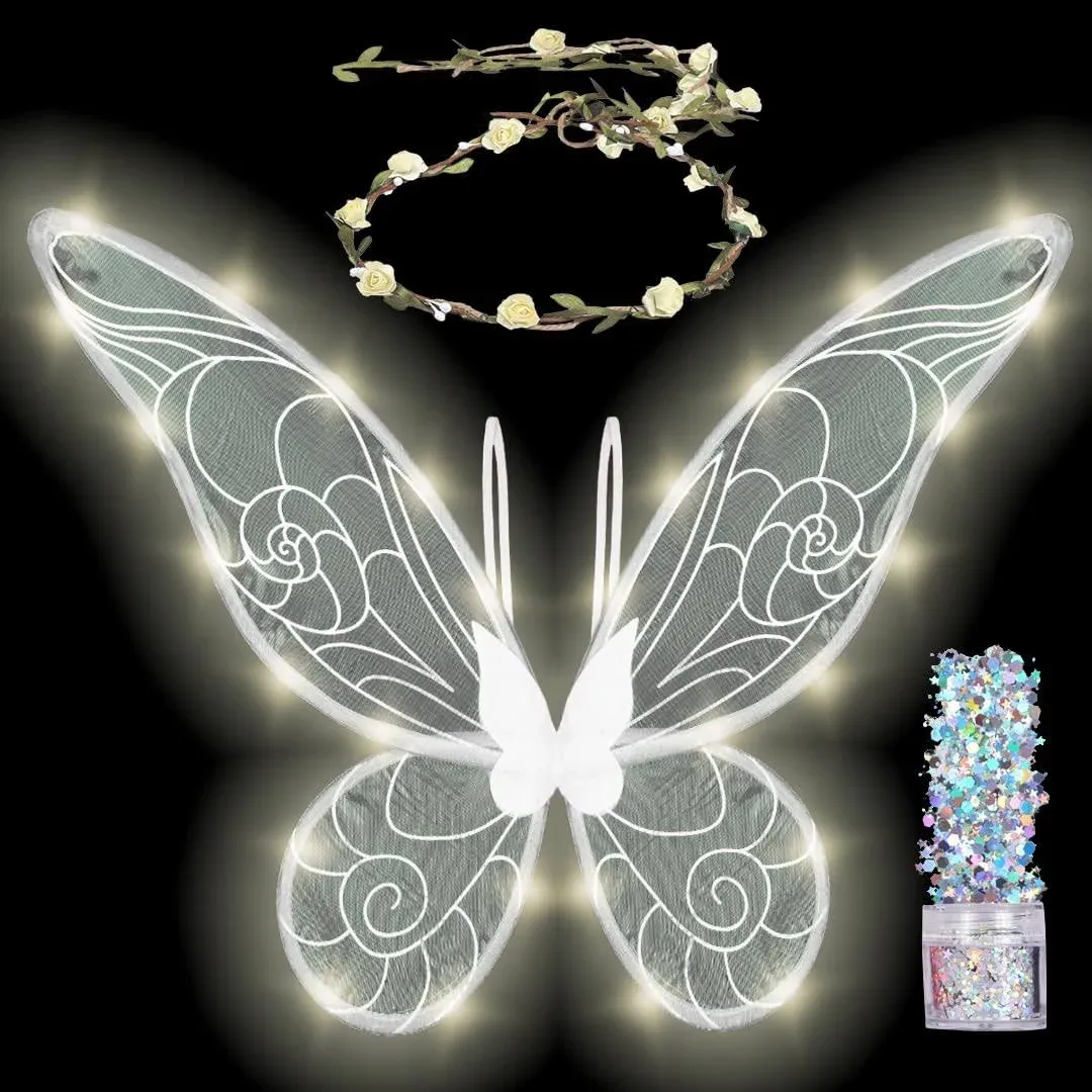 Funcredible White Fairy Wings Set with Crown and Glitter - Perfect for Girls ...