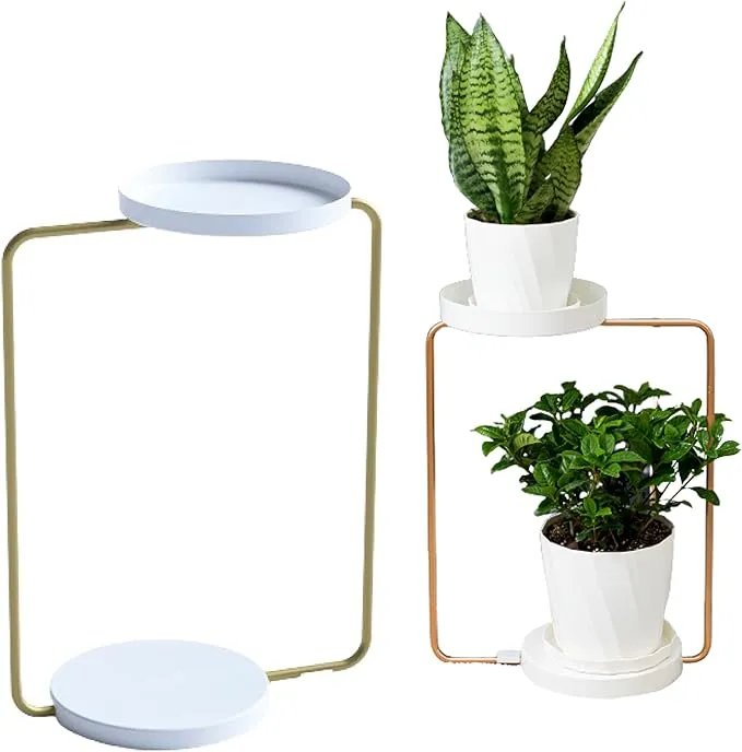 DECOR &amp; MORE White Color 2 Tier Plant and Flower Stand with 2 self watering p...