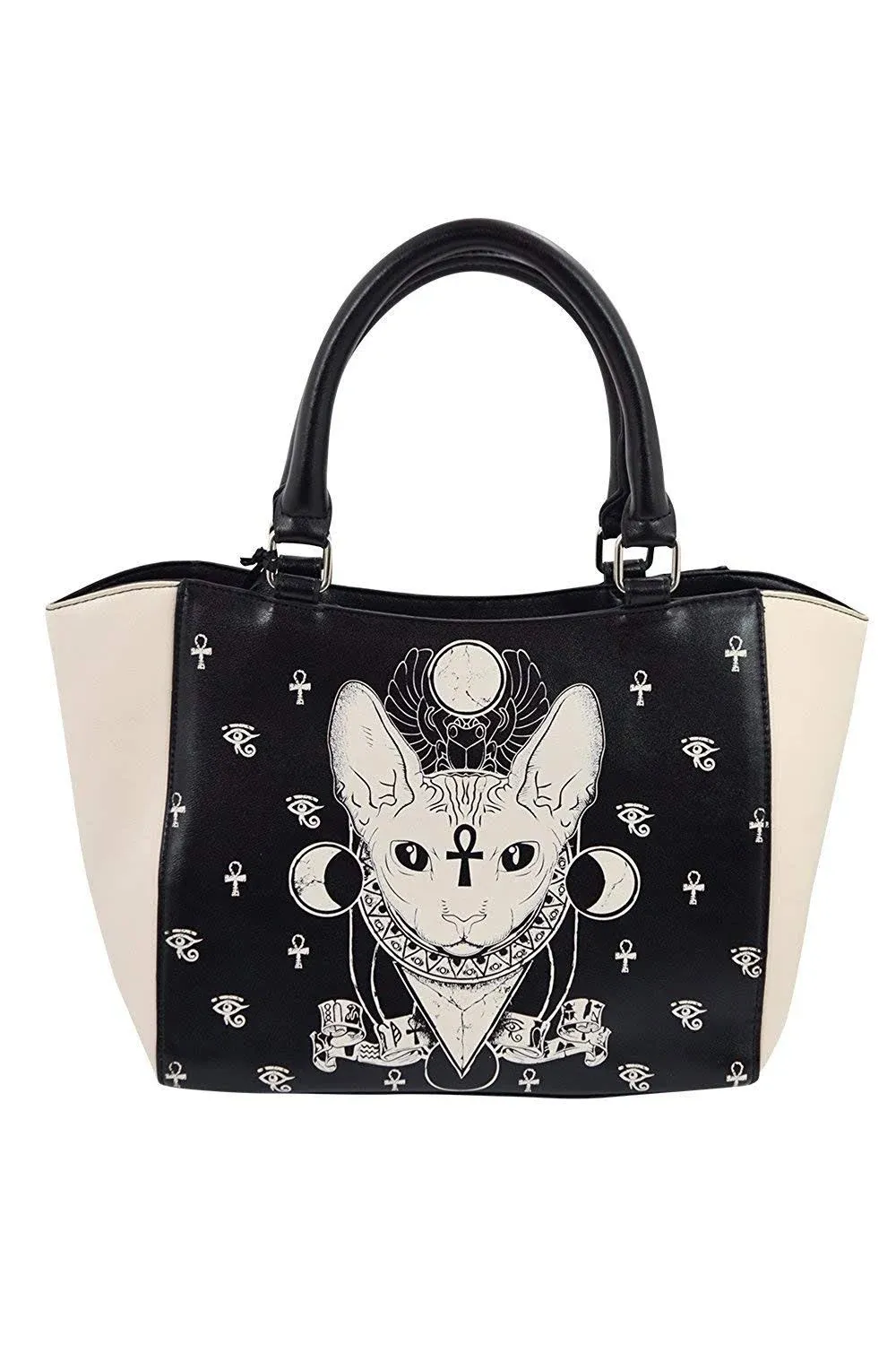 Lost Queen Gothic Bastet Sphynx Cat Occult Goth Satchel Handbag, Black, Cream