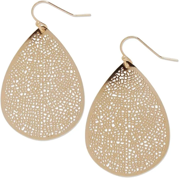 Humble Chic Teardrop Dangle Earrings for Women - Gold, Rose, or Silver Tone Delicate Lightweight Filigree Statement Earrings