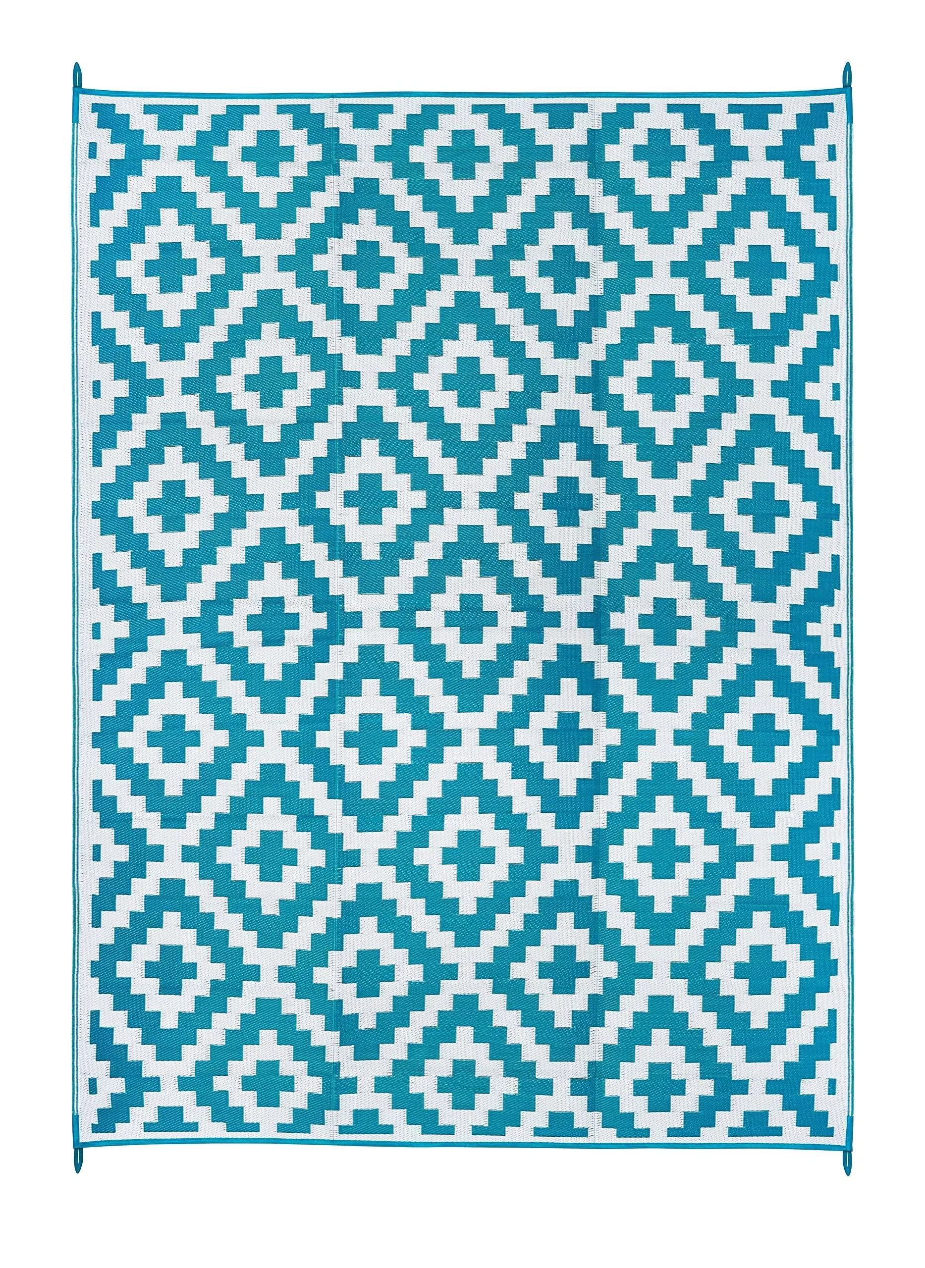 FH Home Outdoor Camping Rug - Waterproof, Fade Resistant, Reversible - Premium Recycled Plastic - Geometric - Large Patio, Deck, Sunroom, RV - Aztec - Teal & White - 9 x 12 ft Foldable