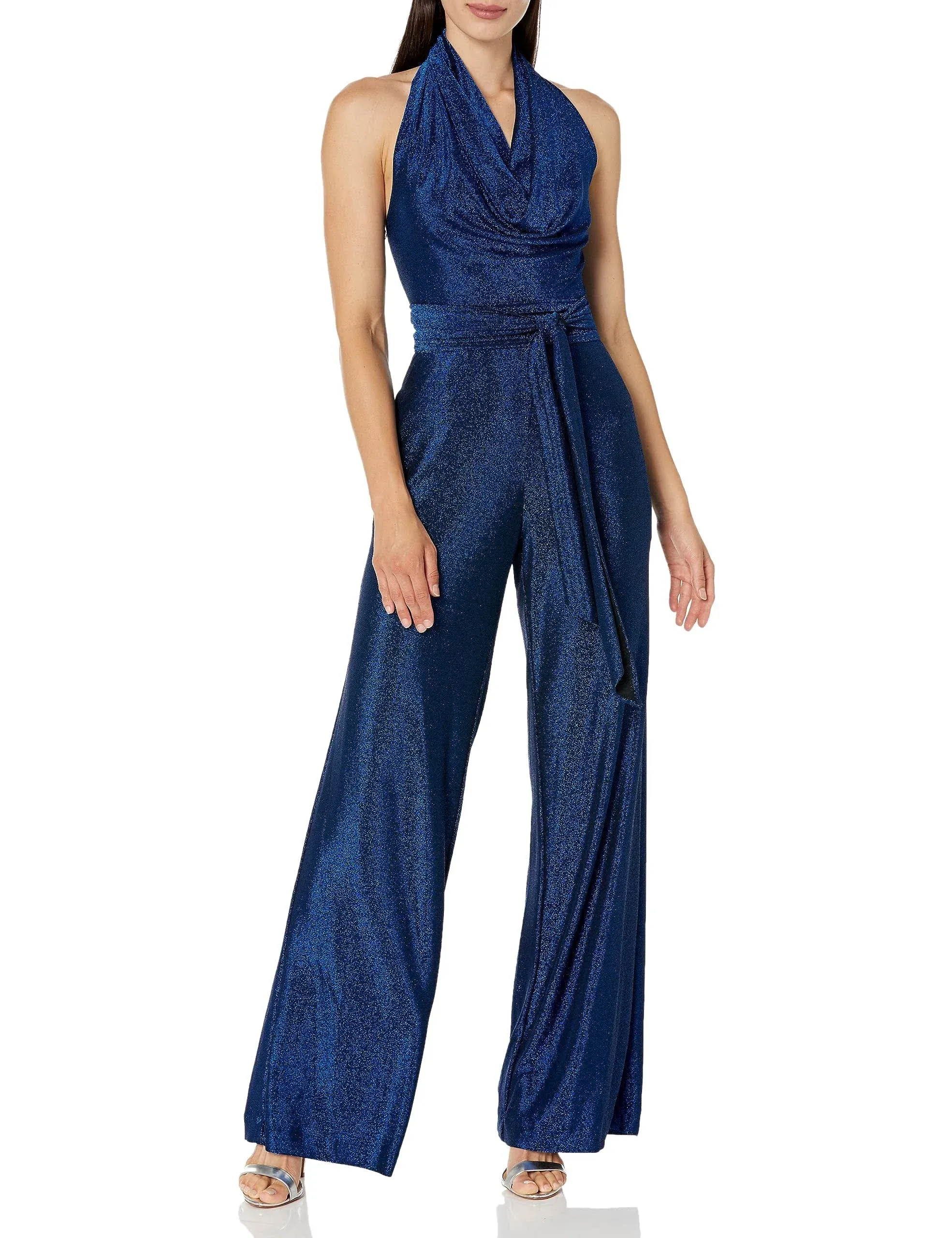 $295 Aidan Mattox Women&#039;s Blue Metallic Cowl Neck Tie Waist Jumpsuit Size 0