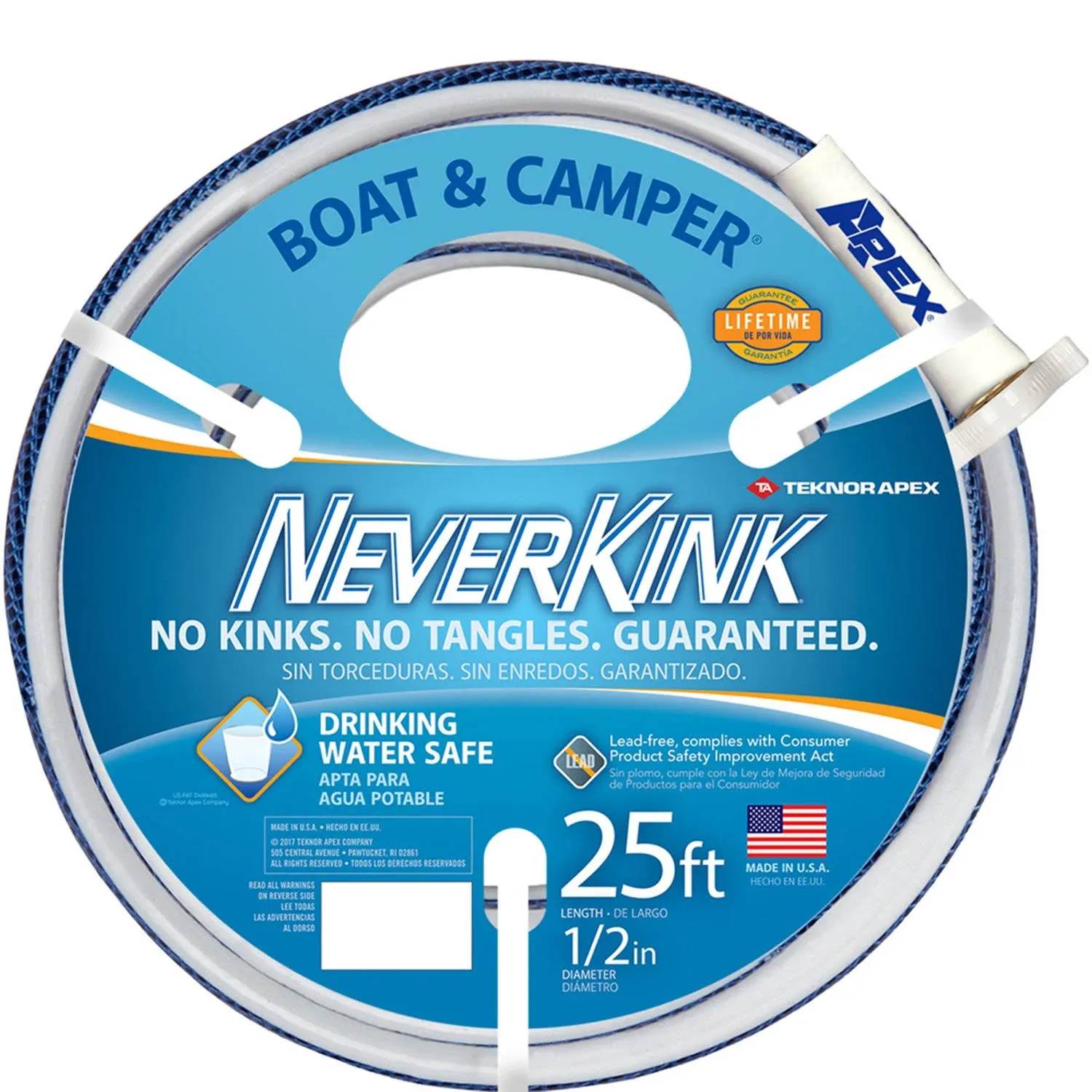 Apex 7612-25 0.5 in. x 25 ft. NeverKink Boat & Camper Hose; White With Blue Stripe